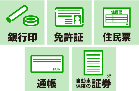 銀行印・免許証・住民票・通帳・自動車保険の証券※